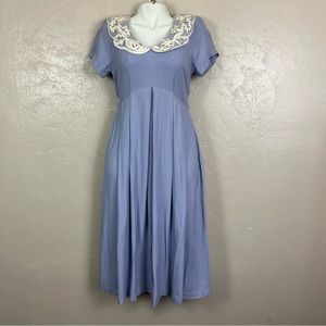 Vintage EXPO  Short Sleeve‎ Lace Collar Tie Blue Floral Dress  6 PETITE